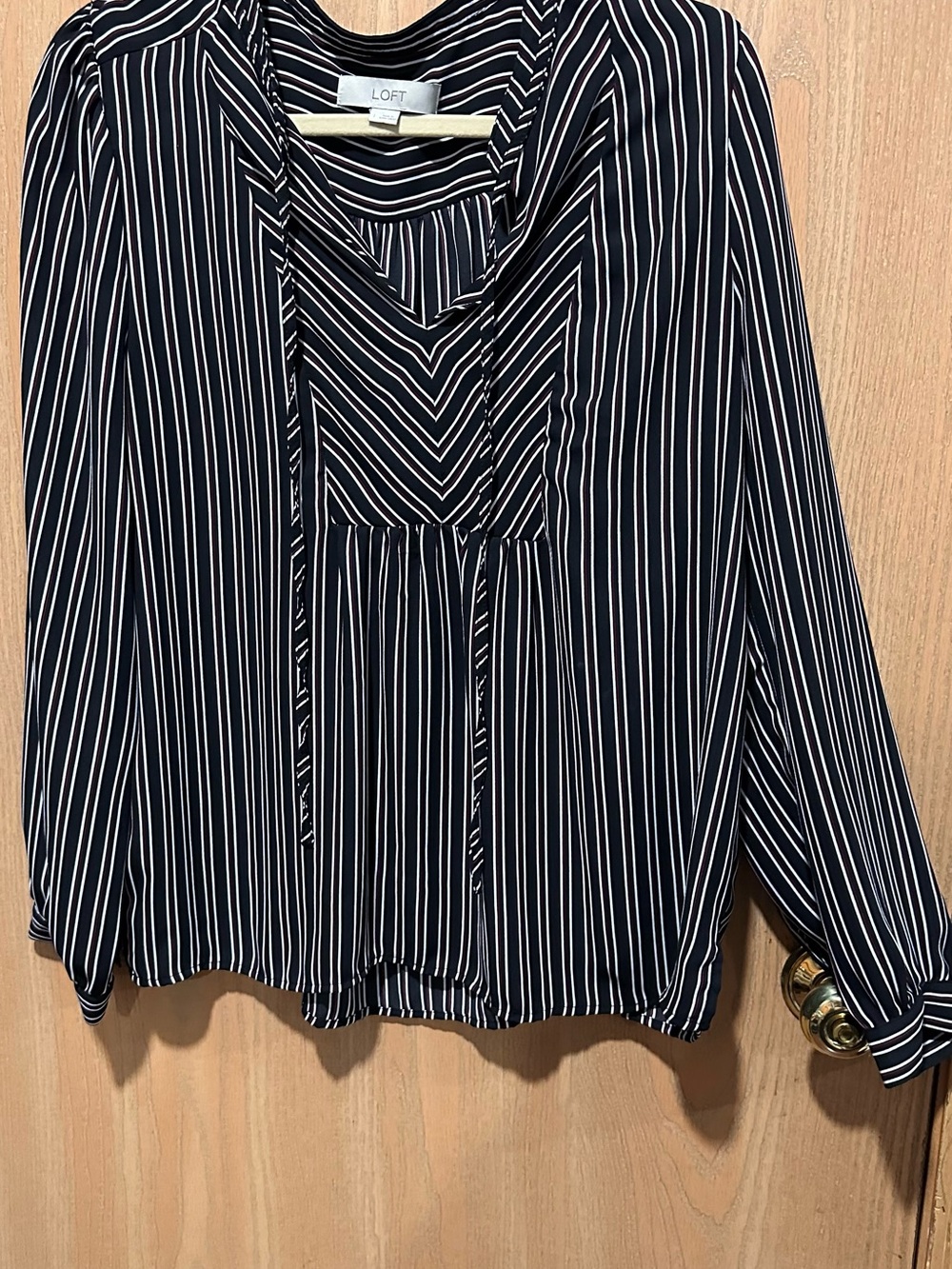 LOFT Navy red and White Striped Tie-Neck Blouse